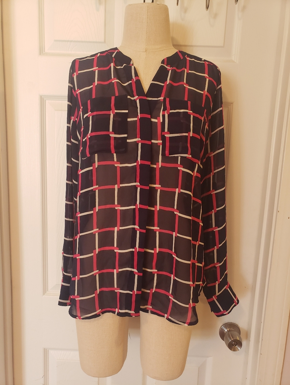 GAP Black Blouse with Pink and White Grid Printue